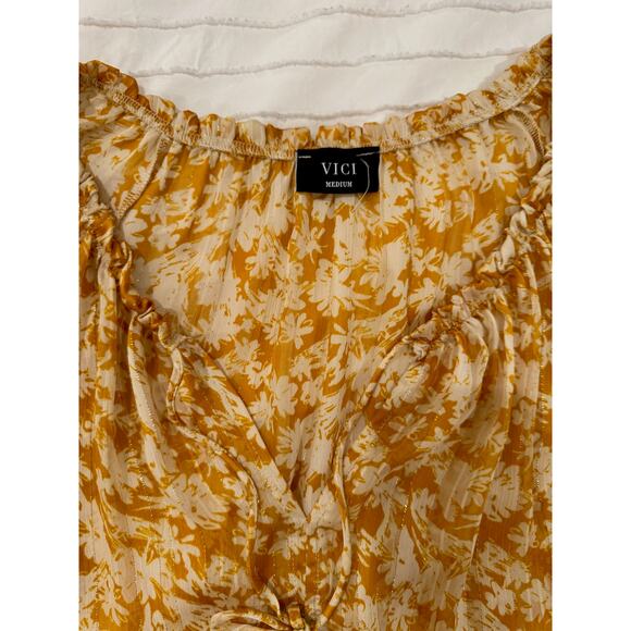 Vici Floral Long Sheer Blouse Women’s Medium Mustard Yellow Cottagecore Coquette - Picture 3 of 16